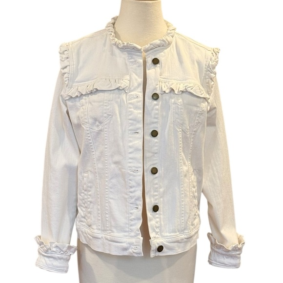 Karl Lagerfeld | White Denim Ruffle Cropped Jacket Medium - Picture 7 of 11